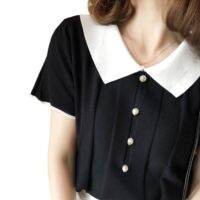 ❤ Summer loose knitted T-shirt color matching polo collar short sleeve blouse woman