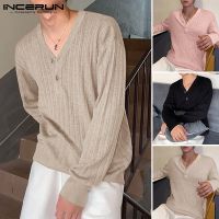 Incerun เสื้อเชิ้ตลําลองสําหรับผู้ชายแขนยาวคอวีทรงหลวม