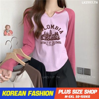 Plus size เสื้อผ้าสาวอวบ❤ เสื้อยืดสาวอวบอ้วน ไซส์ใหญ่ ผู้หญิง ทรงหลวม แขนยาว คอกลม พิมพ์ ฤดูใบไม้ผลิ สไตล์เกาหลีแฟชั่น V728