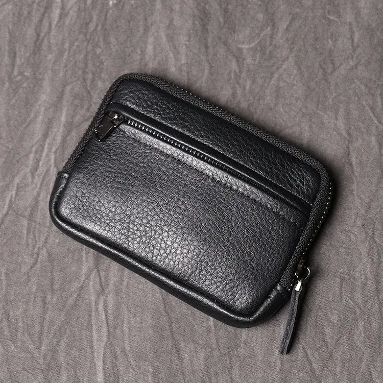 LEATHFOCUS Men's Genuine Leather Coin Wallet Cowhide Women Mini Short Purse  Card Holder Change Purse Zipper Small Money Bag