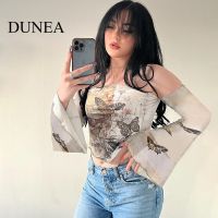 *Dunea เสื้อกล้าม เปิดไหล่ พิมพ์ลายผีเสื้อ สไตล์วินเทจ สําหรับผู้หญิง 0809