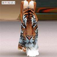 COD DSFGRDGHHHHH MOVOKAKA Vintage Tiger Print Summer Dresses Women Party Sleeveless Casual Long Dress Woman Beach V Neck Elegant Dress For Women