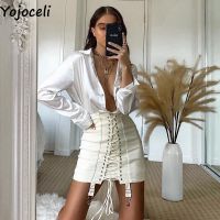 Yojoceli Elegant lace up white bodycon skirts womens Autumn short high waist skirt Casual party black female bottoms