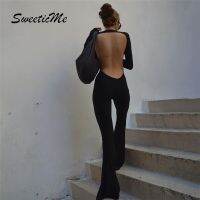 Sweeticme ใหม่ชุดจัมพ์สูทสําหรับสตรีแขนยาวขากว้างทรงสลิม