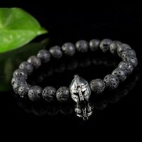 Men Fashion Black Lava Stone Silver Beaded Cuff Charm Bangle celet