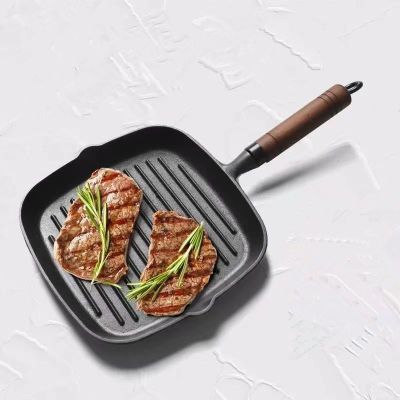 Cast Iron Steak Pan Nonstick Grill Pan For Meats Steak And Vegetables 8.7 Inch Grill Skillet With Wooden Handle Kitchen Utensils