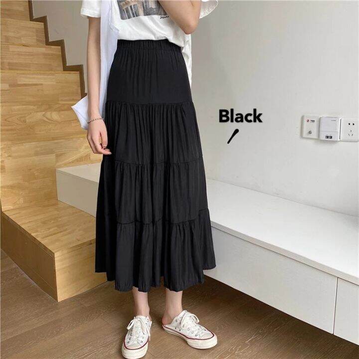 spring-summer-women-chiffon-skirts-vintage-high-waist-elastic-patchwork-white-black-chic-long-cake-a-line-skirt-for-student