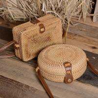 【cw】Fashion Handmade Bali Batik Round Rattan Straw Bamboo Bag Brown Leather Strap Fashion Vintage Literary Shoulder Bag For Lady