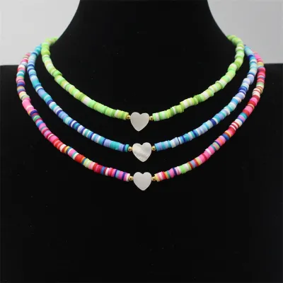 ✆☜ Fashion Boho Natural Heart Shell Beads Choker 4mm Colorful Polymer Clay Pendant Necklace Handmade Beach Female Jewelry Gift