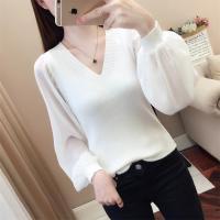 利Chiffon V-neck Sweater Women Autumn 2021 New Fashion Long-sleeved Stitching Knitted Bottoming Shirt Top