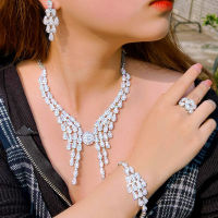 Pera Gorgeous 4Pcs Cubic Zirconia N Long Drop สร้อยคอต่างหูสำหรับงานแต่งงานของผู้หญิงอินเดียชุดเครื่องประดับเจ้าสาว Bijoux J304