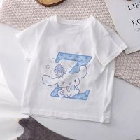 Cinnamoroll เสื้อยืดเด็กลายตัวอักษร A C D ผสมชื่อ Sanrio Kawaii เสื้อยืดผู้หญิงการ์ตูนลำลองเสื้อผ้าเด็กผู้ชาย