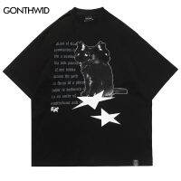 JHPKJNew Streetwear Tshirt Black Cats Star Graphic T Shirt Oversized Men Cotton T-Shirt Hip Hop Loose Tops Tees Harajuku 4XL 5XL 6XL