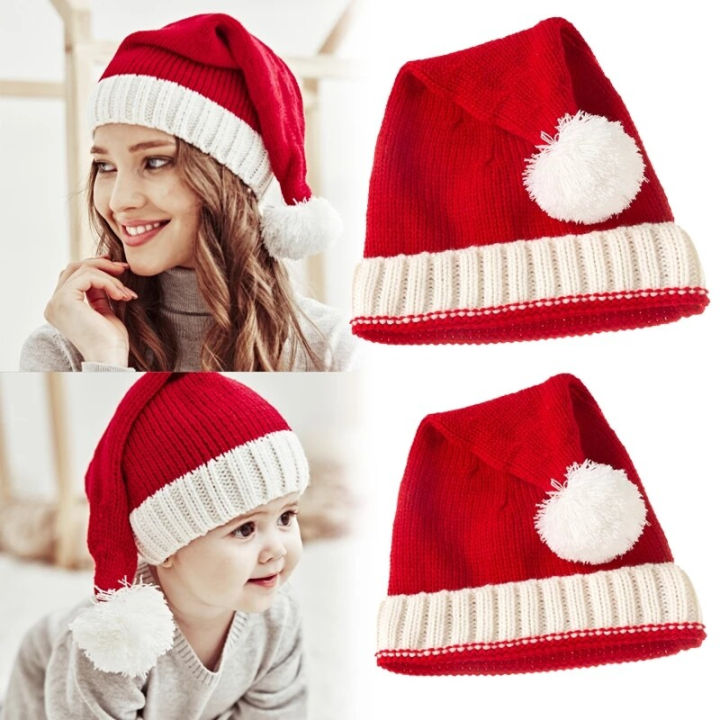 คริสต์มาสพ่อแม่และลูกหมวกน่ารัก-p-ompom-เด็กสาวเด็กหมวกหมวกสีทึบอบอุ่นโครเชต์แม่เด็ก-bonnet-หมวก