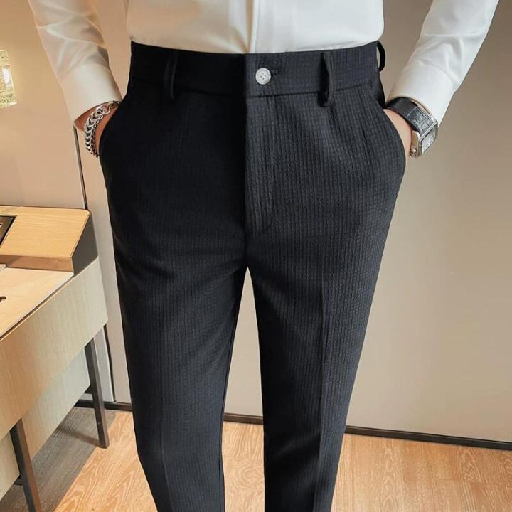ผู้ชายวาฟเฟิลกางเกงลำลองแฟชั่นเกาหลียืดเอวธุรกิจอย่างเป็นทางการกางเกงบุรุษสังคมพรรคสูทกางเกง-streetwear-ดินสอ-pant