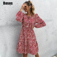 2021 Womens Autumn Long Sleeves Midi Dress Stylish High Waist A-Lined Basic Dresses Birthday Party Evening Clothes for Ladies