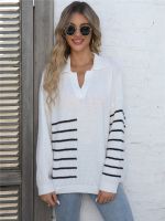 ▩₪ Sleeve Sweater for Sueter Mujer Striped Lapel with V-neck Knitted Oversized Sweaters Top