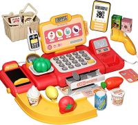 Supermarket Cash Register Toy Play set Pretend Play Money Kids Calculator Cash Register with Scanner Microphone Credit Card