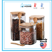 Square Borosilicate Glass Food Container Bamboo Cover With Spoon Bekas Rempah Kaca Balang Kedap Udara [ VISE HOME ]