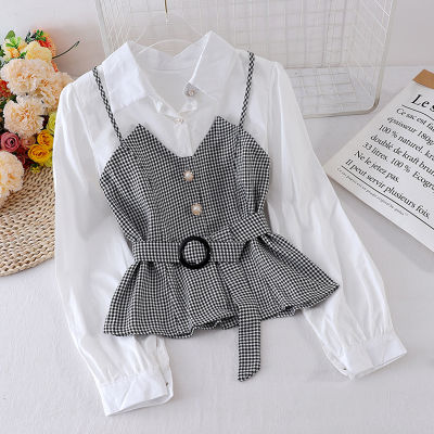 Spring Autumn Womens Shirt Korean Striped Suspender Solid Color Long-Sleeved Blouse New Fake Two-Piece Tops LL830