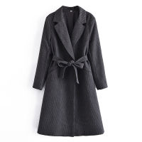 Vintage 2021 New Autumn Winter Plaid Lapel Tie Long Loose Women Woolen Coat Jacket Office Lady Abrigos Para Mujer