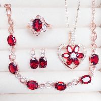 【lz】☏❁  Natural Real Red Garnet Conjunto de Jóias 925 Sterling Silver Pulseira Corrente Brinco Gota Anel 1 Par Pingente X23821