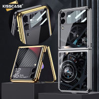 KISSCASE เคสกระจกเทมเปอร์ดั้งเดิมสำหรับ Samsung Galaxy Z เคสฝาพับกระจก4กล่องโลหะชุบหรูหราสำหรับ Samsung Z Flip 4 5G เคสพร้อมฟิล์มป้องกันเลนส์กล้องถ่ายรูป