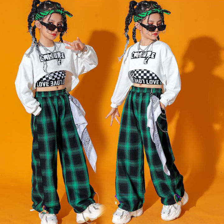 เด็ก-kpop-hip-hop-เสื้อผ้าสีขาว-crop-top-แขนยาว-t-เสื้อ-teestreetwear-checkered-กางเกงสำหรับสาวแจ๊สแดนซ์เครื่องแต่งกาย-clothes