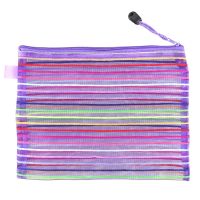 A5 Nylon Stripe Zipper Closure Documents Mesh File Bag - Purple