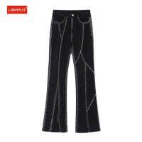 Design Sense Line High Waist Micro Bell-bottom Black Jeans Women Thin Tall Loose Wide Leg Mopping Pants Neutral Denim Trousers