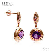 LenYa Jewelry ต่างหูประดับอเมทีส สีม่วง และสโมคกี้ควอทซ์ สีน้ำตาล แซฟไฟร์สีชมพู และทับทิม ตัวเรือนเงินแท้ชุบพิ้งโกลด์