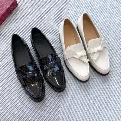 2023 new Tory Burch bow design soft sheep leather mid-heel loafers casual shoes