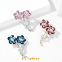 Kemstone ชุบเงินหรูหราชุบทองเงาลูกบาศก์เพทายสีชมพูสีฟ้าดอกไม้คริสตัลของขวัญเครื่องประดับเข็มกลัดหมุดสำหรับสตรี