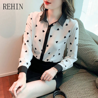 REHIN เสื้อเชิ้ตผู้หญิงลายบล็อกสีอเนกประสงค์,เสื้อผู้หญิงแขนยาวผ้าชีฟองเกาหลีแฟชั่นแบบใหม่ฤดูใบไม้ผลิ