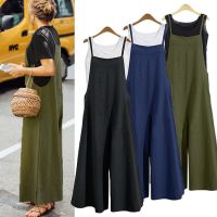 COD SDFERTGRTYTYUYU Women Cotton Linen Jumpsuits Casual Straps Wide Leg Pants Romper Bib Loose S-5XL