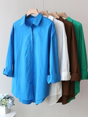 เสื้อยืดผ้าฝ้ายสำหรับผู้หญิง Klein โอเวอร์ไซส์เสื้อสีฟ้าผู้หญิงสีขาวเสื้อสตรีผ้าฝ้ายผู้หญิงเสื้อสตรีเสื้อเขียวเสื้อตัวหลวมแขนยาว
