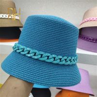 Harajuku Street Paper Straw Color Acrylic Chain Summer Beach Bucket Hat For Women Fishermen Cap Outdoor Chapeau Femme Sun Hats