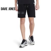 DAVIE JONES กางเกงขาสั้น เอวยางยืดผูกเชือก สีดำ คาดหนังสีดำ Elasticated Shorts SH0026BK