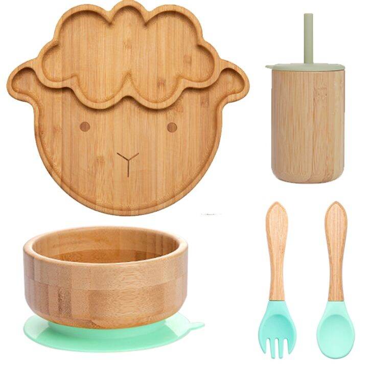 bite-bites-5pcs-set-childrens-tableware-baby-bowl-plate-fork-spoon-cup-suction-feeding-food-bamboo-tableware-bpa-free-non-slip