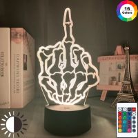 Acrylic 3d Lamp Middle Finger Skull Nightlight for Adult Boys Office Room Decoration Atmosphere Changing Led Night