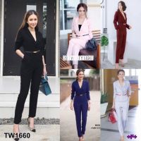 B1660 จั้มสูทขายาว คอปกเชิ้ต ดูลุคเรียบหรู (เนย) Long-legged jumpsuit, shirt collar, elegant look (Butter)