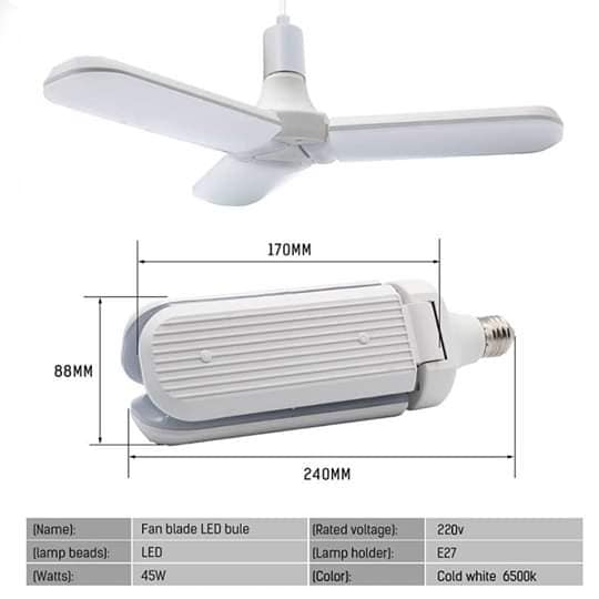 Foldable LED Bulb E27 45W Fan Blade Angle Adjustable Ceiling White Lamp 220V RD 