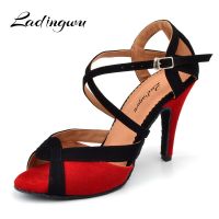 Ladingwu Women Latin Dance Shoes Flannel Salsa Women Ballroom Dancing Shoes For Girls Blue/Red Soft Bottom Indoor Shoes Tango