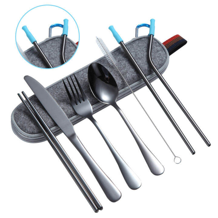 Steel Camping Picnic Cutlery Sets， 8 Piece Travel Cutlery Set ，Portable & Reusable Travel