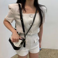 Vintage Tweed Matching Sets Short Sleeve Single-breasted Crop Top Shots Two Piece Set Women Thin Woolen Jacket Short Pants Suits