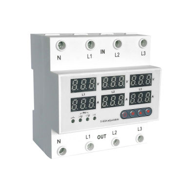 3-Phase Four-wire Din Rail Over and Under Voltage Protector 63A Multifunctional Self-resetting Protectors Overvoltage Protect Device Switch