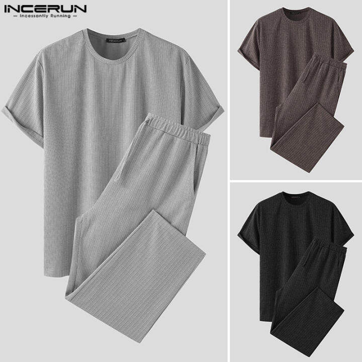 incerun-ชุดวอร์มลำลองแขนสั้น2ชิ้นสำหรับผู้ชายเสื้อยืดกางเกงเอวยางยืดชุดใส่อยู่บ้าน-สไตล์เกาหลี