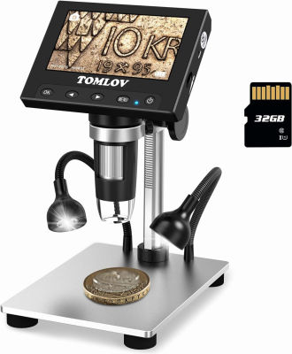 TOMLOV DM4S 1000X Error Coin Microscope with 4.3" LCD Screen, USB Digital Microscope with LED Fill Lights, Metal Stand, PC View, Photo/Video, SD Card Included, Windows Compatible