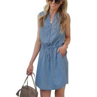 ZZOOI Gentillove Fashion Loose Denim Dress Lace Up Retro Jean Dress Casual Sleeveless Single-breasted Mini Dress Slim Sundress