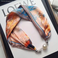 Oil painting magnetic buckle chain pearl item scarves female in the spring and autumn thin advanced feeling small strip decorative scarf neck guard band